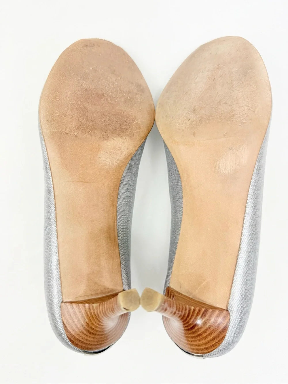Stuart Weitzman Metallic Pewter Silver Peep Toe Wood Heel Pumps